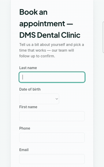 Online booking: a patient picking a date and time and sending the request